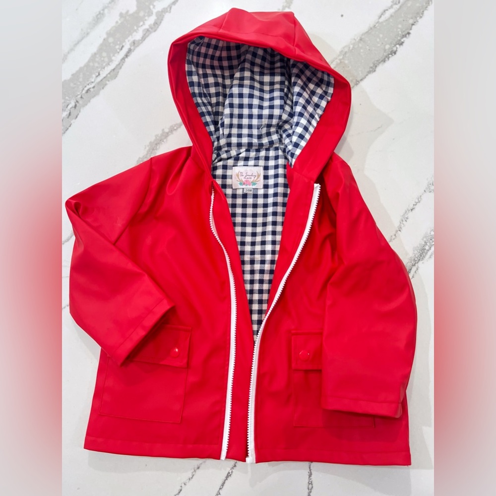 Little Kid Red raincoat with navy blue check lining 24m
